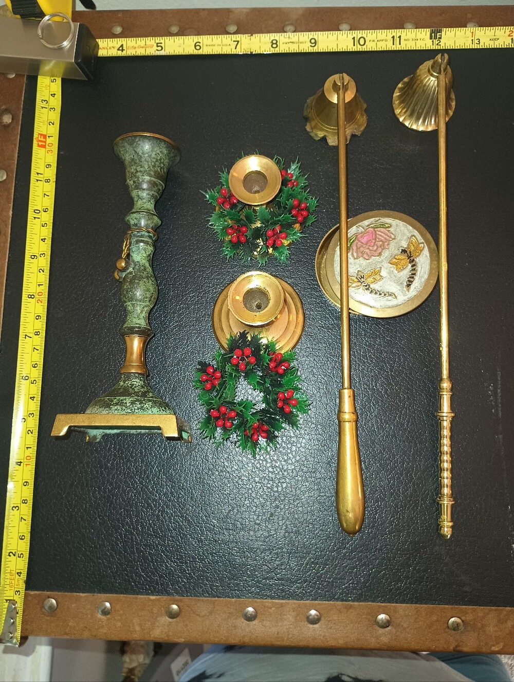 Vintage Brass Decor Lot - Verdigris, Holly Taper Holders, Snuffers & Trinket Box